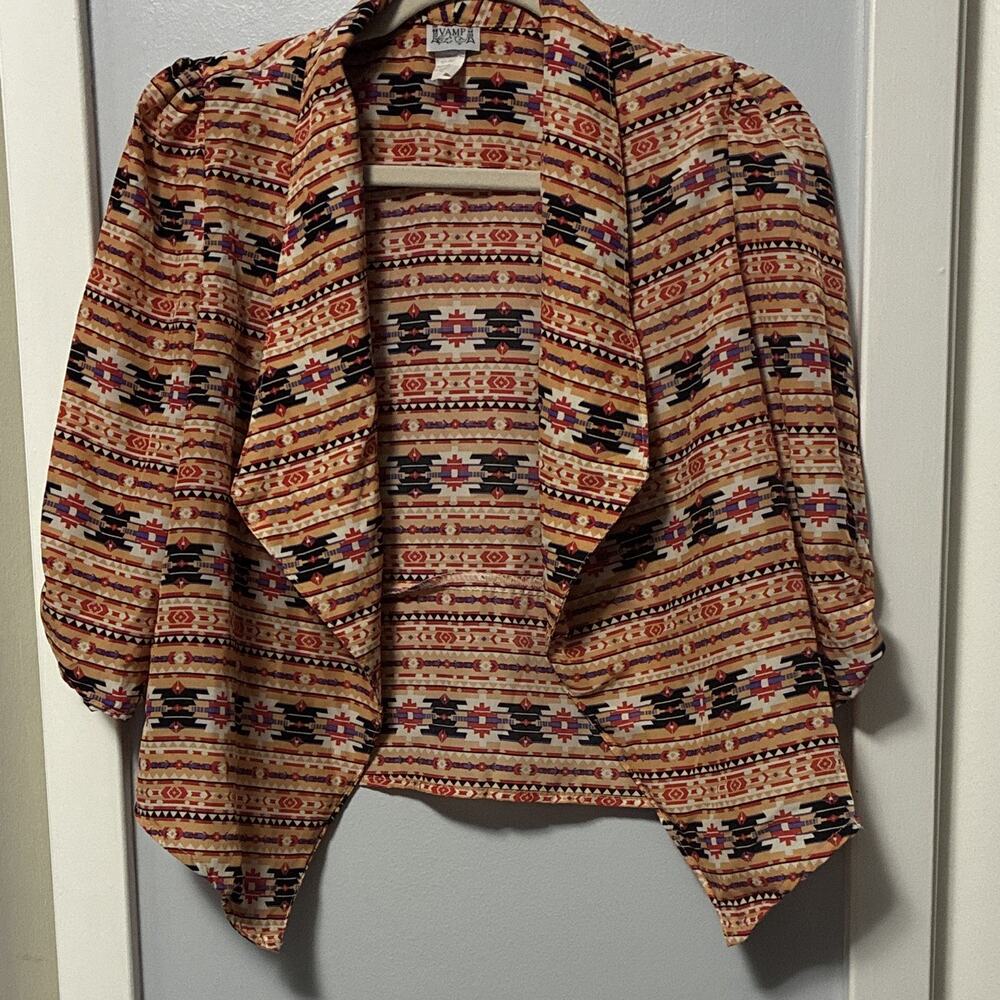 Vintage VAMP Multicolor Geometric Western Aztec Print Draped Jacket 3/4 Sleeve M